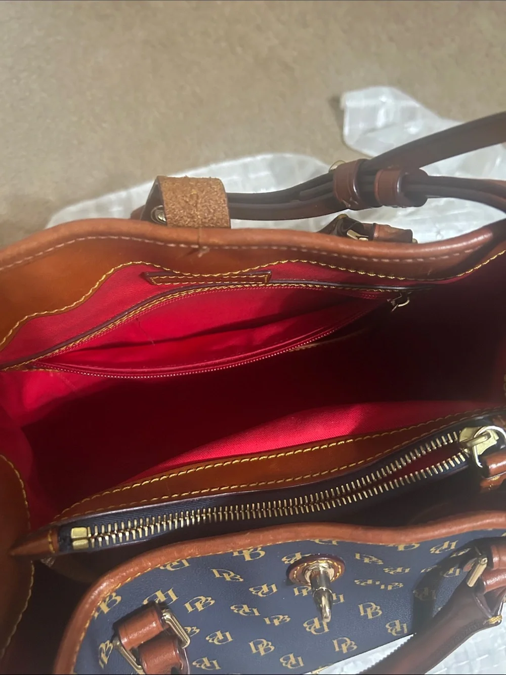 Dooney & Bourke Navy Logo Satchel with Brown Trim